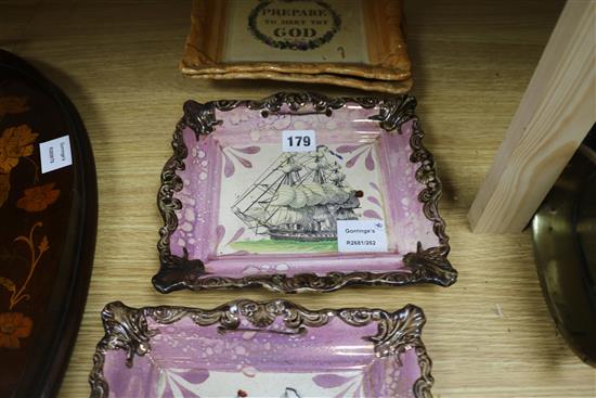 Two Sunderland pink lustre ship wall plaques, two Sunderland orange lustre wall plaques and two pot lids